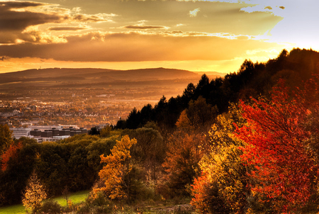 colors of fall - clouds, trees, landscape, sunrise, leaves, mountain, nature, red, sun, sky