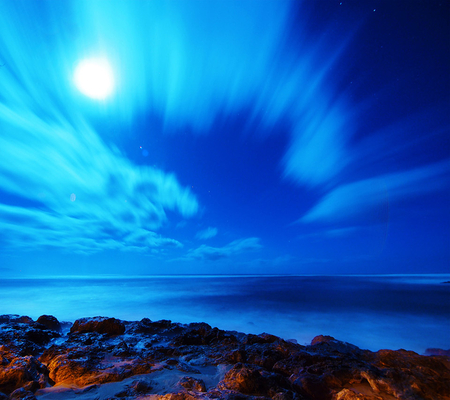 Moonlight Shadow - moon, blue, beach, landscape, night, shadow, sky