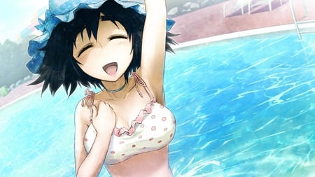 Sweet girl - hat, swimsuit, water, black hair, steins gate, game cg, huke, bikini, shiina mayuri, short hair