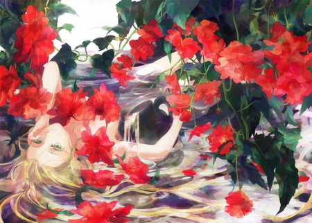 World upside down - blond, flowers, sweet, anime, girl