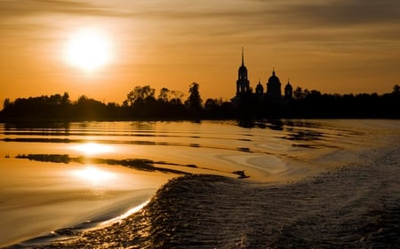 pure gold - water, evening, wet, gold, relection, sunset, nature, temple, lake, dusk, wave, sun, sky