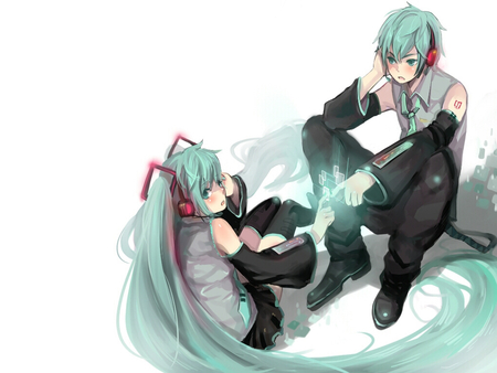 Mikuo&Mikuo - anime, vocaloid, brother, long, aqua, headphones, aqua short hair, short, singers, white background, hair, manga, white, mikuo, twins, miku, sister, hatsune, background, vocaloids, aqua long hair