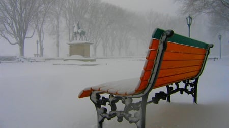 SNOW FALL - ice, winter, lamp post, snow, bench, statue