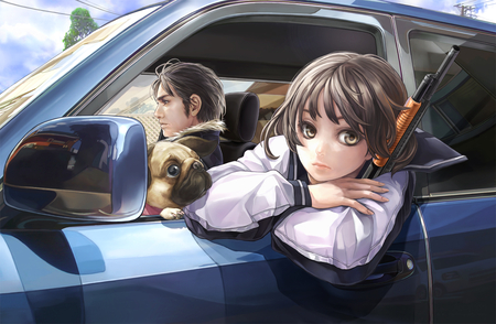 Go To School - gun, car, dog, school girl