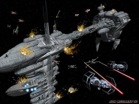 under attack - tie fighters, explosions, nebulon b friget, stars, x wings, transporter