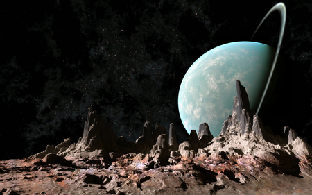 alien landscape - ringed planet, rock formations, dust clods, stars