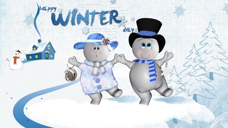 Dancing Snowmen - snowman, trees, winter, christmas, cold, snow, snow woman, house, firefox persona