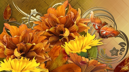 Golden Glory - chrysanthemums, fall, autumn, butterfly, gold, dandelion, firefox persona, dahlias