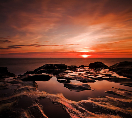 Red Horizon - clouds, horizon, sunset, beautiful, red, sea, rocks, sky