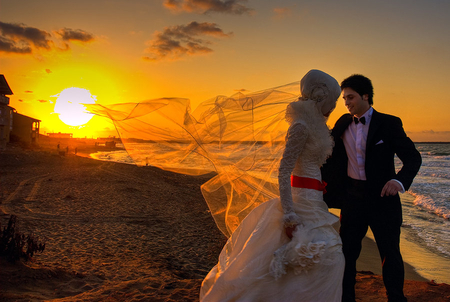 wedding in paradise - veil, lovers, people, sun, sunsets, water, sea