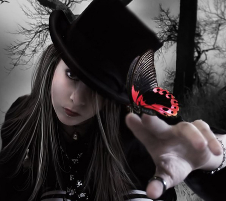 Kiss of Beauty - black, fingers, red, girl, butterfly, dark