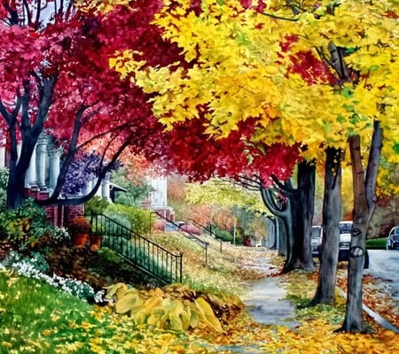 Colors of Autumn - autumn, pavement, trees, yellow, red, road, foliage