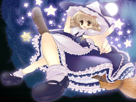 In The Stars - witch, stars, girl, blue, anime, broomstick, cute, dress