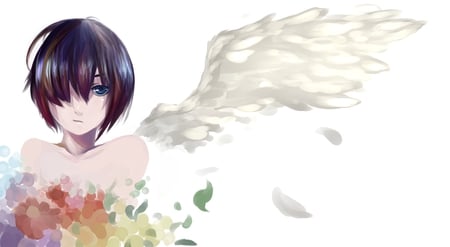 Winged Girl - flowers, anime, white, wings, girl