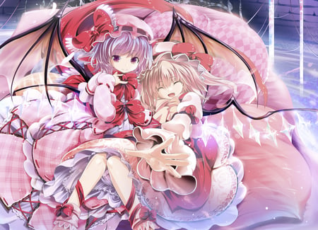 Sisters - anime, yakumo shibata, flandre scarlet, cool, kawai, girls, touhou, wings, cute, remilia scarlet, sexy