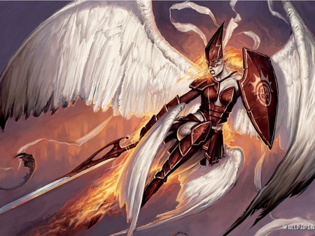 Armored Angel - angel, female, warrior, goddess, fantasy, fire, cg, wing, adventure, action, sword