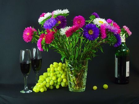 Flowers and a bottle of red wine - flowers, vase, wine, bottle, grape, still life