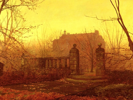 Autumn Morning - house, trees, gate, autumn, painting, art, wall, leaves