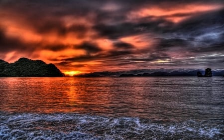 HDR Sunset - sky, ocean, hills, surf, clouds, sun, hdr, sunset