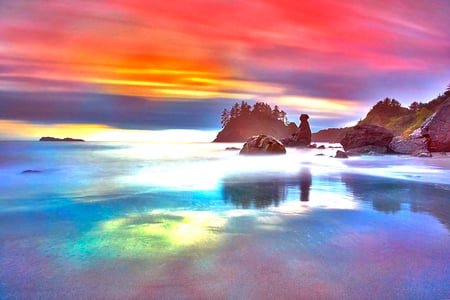 Sky in Color - colorfuln, sky, ocean, trees, sunlight, sunset, shore, rocks, island, hdr