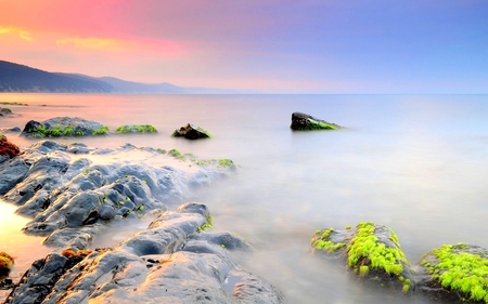 MORNING MIST - sky, ocean, mountain, stones, sunrise, mist, rocks