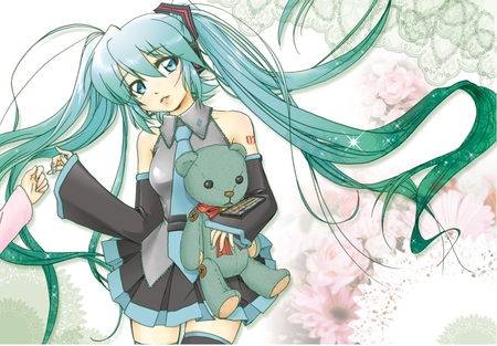 Hatsune Miku - tie, pretty, artistic, twin tail, pink, uniform, flowers, headphones, teddy pear, teddy, nice, program, thighhighs, beauty, virtual, toy, petals, cg, white, gray, green, cute, aqua eyes, song, outfit, vocaloid, anime, blue, twintail, hatsune miku, microphone, music, aqua, art, idol, anime girl, skirt, beautiful, singer, girl, cool, bear, black, miku, awesome, diva, digital, aqua hair, thigh highs, hatsune, vocaloids, headset