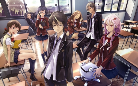 Classroom  - red, mecha, black, class, robot, girl, blue, school, guilty, room, classroom, crown, table, boy