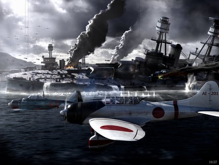 Dark Sunday - airplane, zero, harbor, ocean, plane, drawing, cgi, ww2, painting, wwii, pearl, japanese