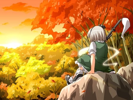 Konpaku Youmu - touhou, konpaku, sword, forest, sun, youmu