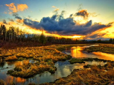 Evening splendor - clouds, pools, sunset, water, blue, evening, gold