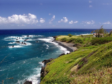 Hui Aloha Church in Kaupo - sky, ocean, cliff, water, shore, hawaii, aloha, waves, kaupo, clouds, grass