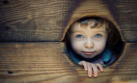 Peek-a-Boo - people, photography, wood, face, fence, child, peek-a-boo