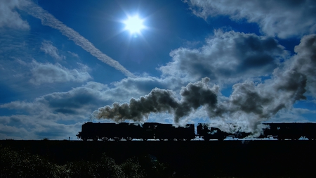 Pufferbelly - steam train, clouds, beautiful, formations, blue sky