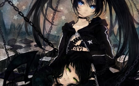 two anime girls - cartoon, drawing, black, pretty, blue, anime, black rock shooter, manga, artistic