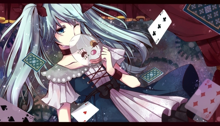 Karakuri Pierrot - pretty, artistic, tears, twin tail, playing cards, nice, poker cards, program, karakuri pierrot, beauty, virtual, cg, white, cute, poker, song, vocaloid, anime, blue, twintail, dress, hatsune miku, crying, music, aqua, mask, red, art, idol, anime girl, beautiful, curtains, singer, girl, cool, holo, black, cards, miku, awesome, diva, digital, hatsune, vocaloids