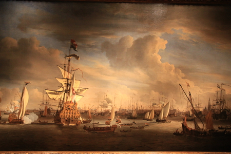 Painting in the Museum of Amsterdam  - painting, ancient, grey, clouds, blue, photography, ships