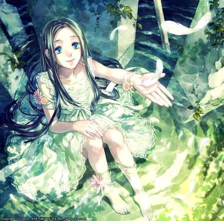 Girl in Pond - dress, girl, feather, pond