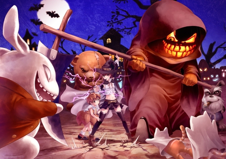 Sciencific Railgun - crazy rabbit, girls, scythe, evil pumpkin