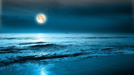 Moonlight - moon, shimmer, blue, beach, beautiful, boat, sky