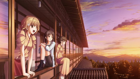 Sunset View - girls, sexy, tsurugi minko, matsumae ohana, hanasaku iroha, oshimizu nako, sunset, kawai, cool, anime