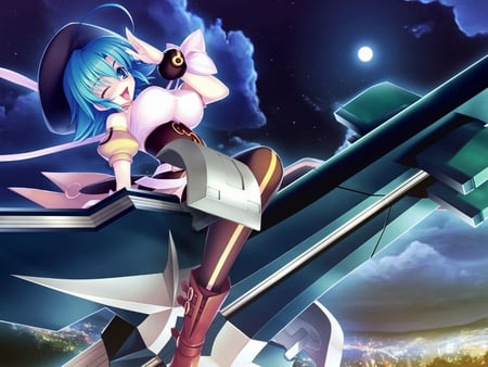 See ya later - girl, game, blue eyes, night, the shapeshifter, wink, cute, cg