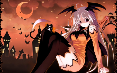 Trick or Treat - cute, halloween, cat, anime, stars, girl, dress, building, bats, moon, orange