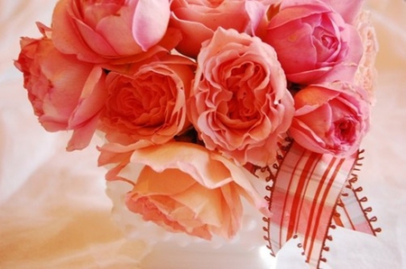 Roses - beauty, pink roses, roses, beautiful, bouquet, ribbon, flowers, brightness