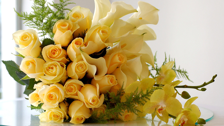 Classy Yellow Flora - orchids, classy, roses, bouquet, still life, yellow, flora, beautiful, table