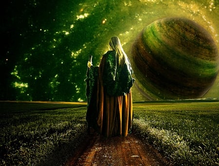 Green world - fantasy, woman, green, planet