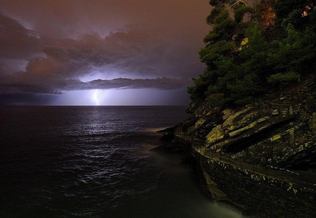 The Long and Winding Road - horizon, ocean, trees, clouds, lightening