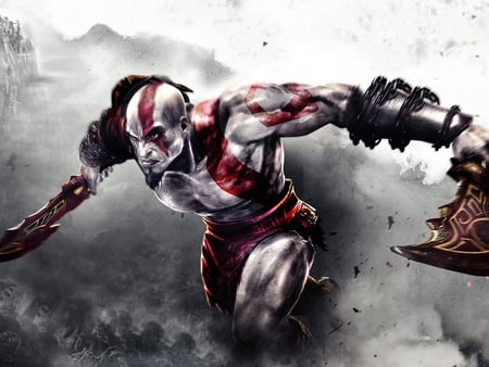 kratos - game, red, god of war, cloud, kratos, sword, smoke, god of war 3