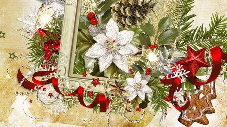 Holiday Decoration - sparkle, poinsettias, sparkles, stars, firefox persona, pine cones, greens, christmas, cookie, berries, gingerbread man, ribbons