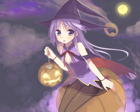 Halloween Witch - witch, clouds, moon, anime, girl, cute, night, pumpkin