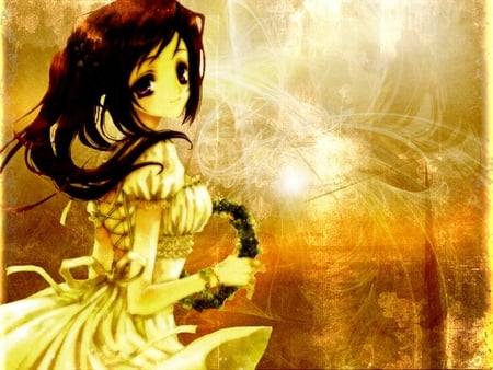 Fate - love, girl, long hair, dream, crown, fantasy, end, brown, yellow, future, anime, smile, land, dress